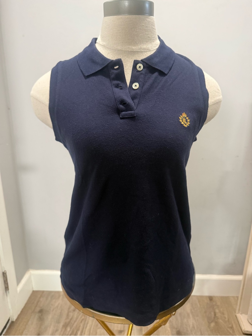 Ralph Lauren Navy Sleeveless Polo with Gold Crest